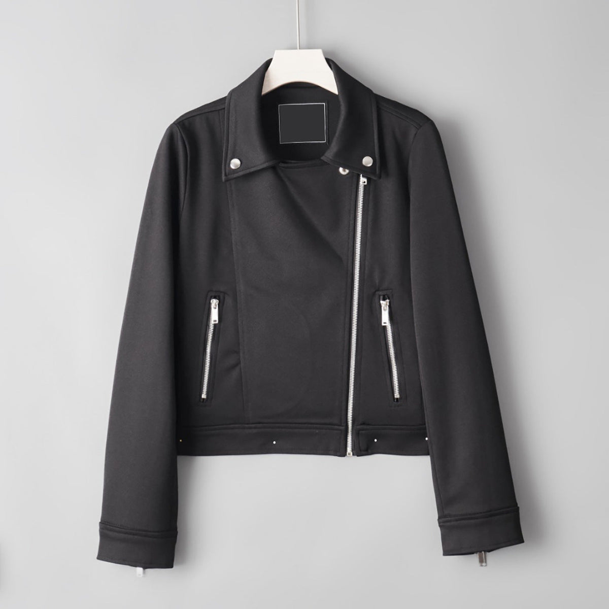 Women's short biker-style jacket with a versatile design and cool structured silhouette