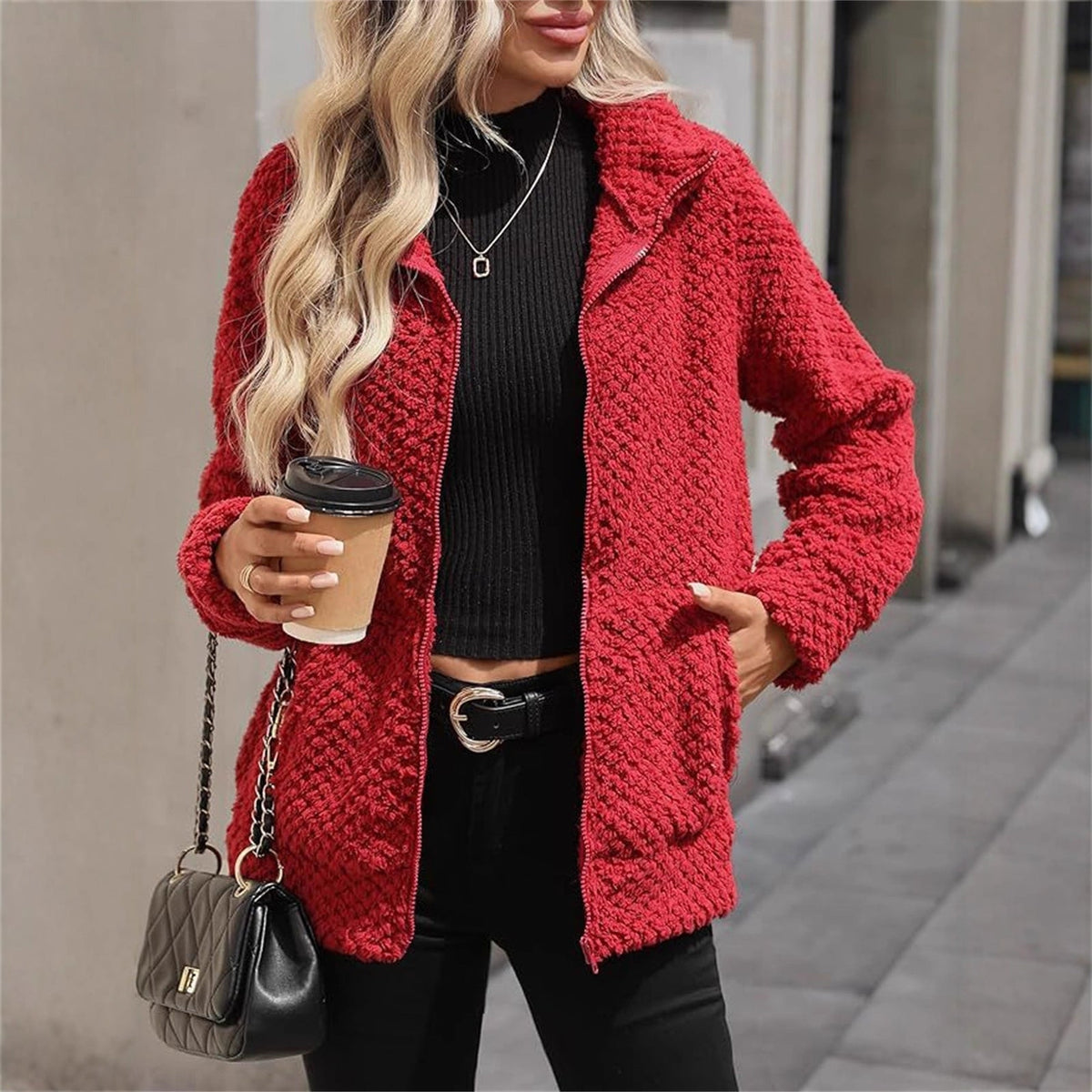 Women's padded fleece-lined zip-up jacket with pocket and lapel collar, front view