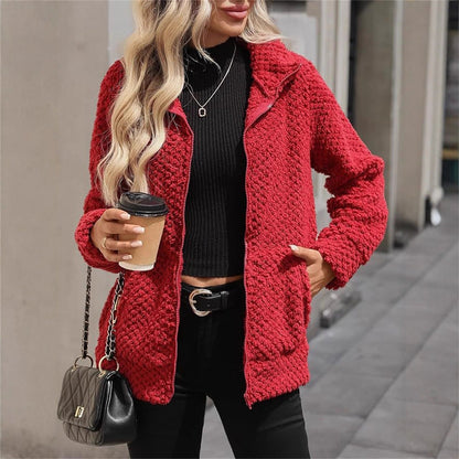 Women's padded fleece-lined zip-up jacket with pocket and lapel collar, front view