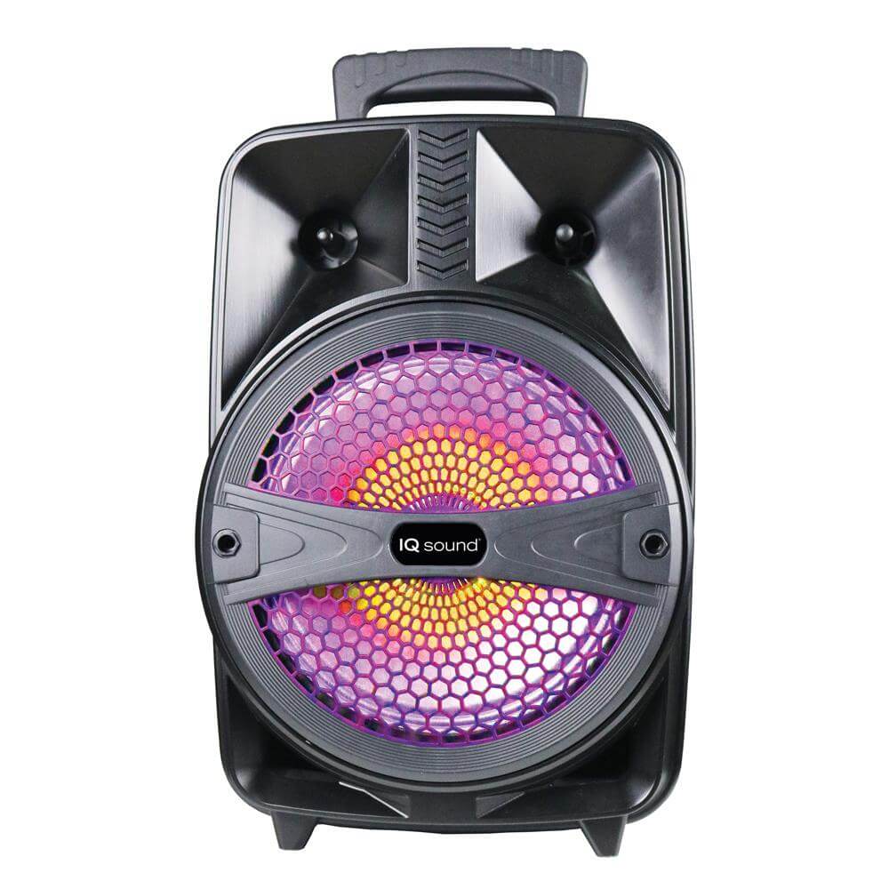 Supersonic IQ Sound 8-inch portable Bluetooth speaker with black casing and control buttons on top.
