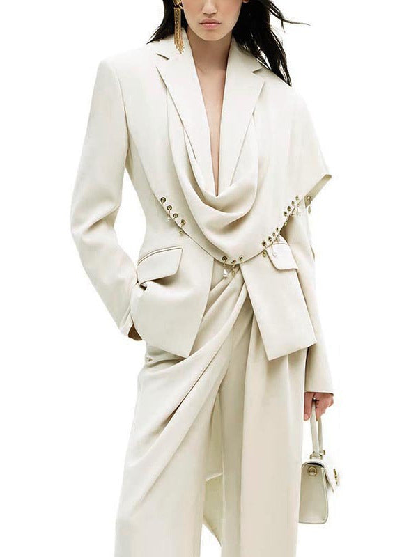 Waterfall draped asymmetrical tailored blazer with pearl crystal bead trim, front view