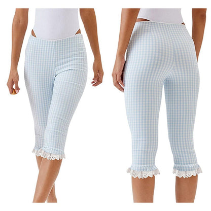 Women's plaid capri pants with lace flounce hem, front view