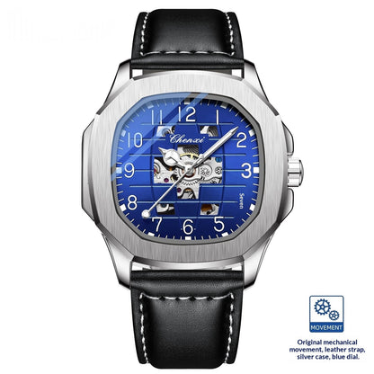 Square mechanical men's watch with a high-end design and visible water-resistant details