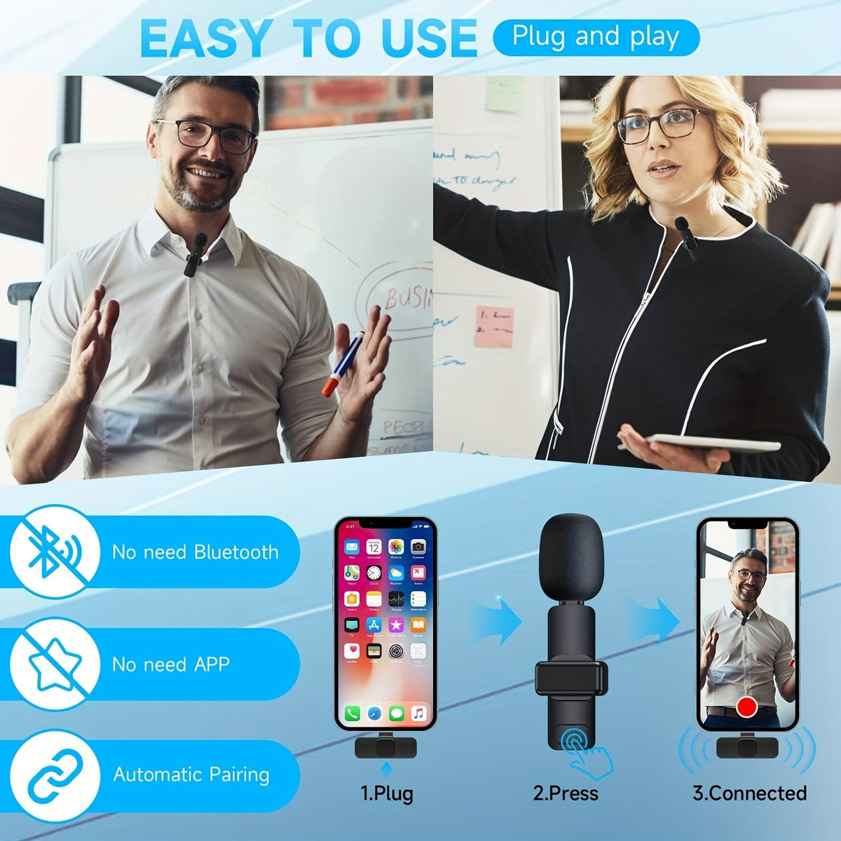 Wireless lavalier lapel microphone with clip for iPhone and iPad, omnidirectional condenser mic for video and podcast recording