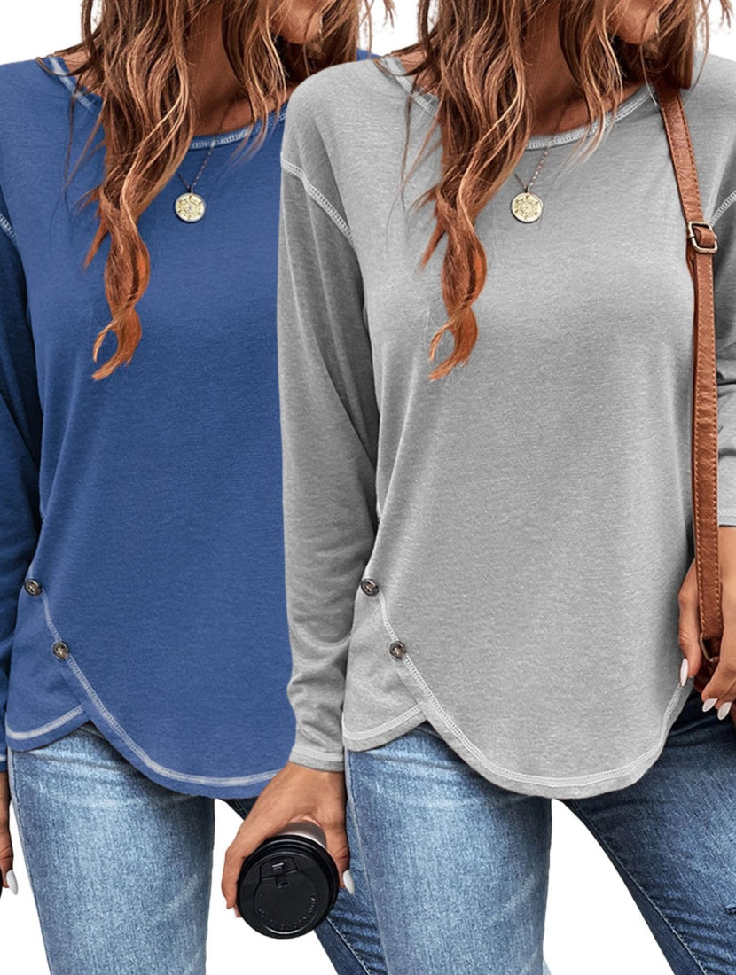 Women's solid button irregular-edge T-shirt by My Store, Europe and America style