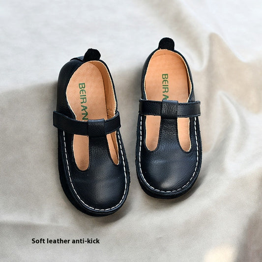 Children's genuine soft calf leather casual baby shoes in brown with lace-up design