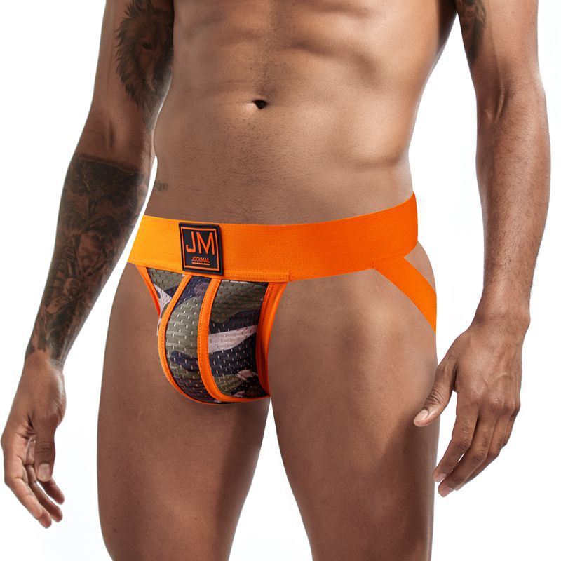 Men's camo mesh thong underwear laid flat, showing camouflage print and sheer mesh fabric