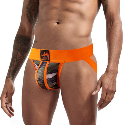 Men's camo mesh thong underwear laid flat, showing camouflage print and sheer mesh fabric