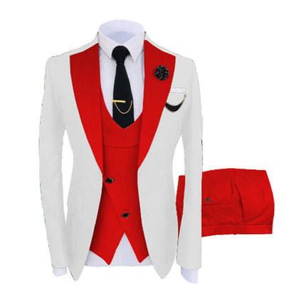 Men's three-piece mixed-color suit with coordinated jacket, vest, and trousers in varied shades