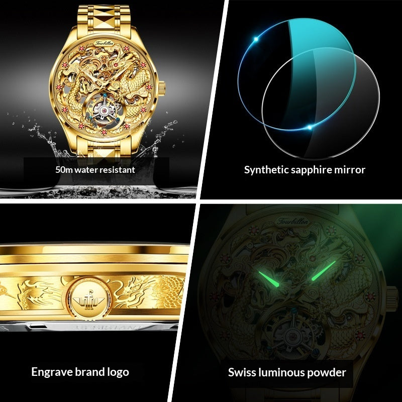 Men's water-resistant mechanical watch with hollowed-out design and stainless steel strap