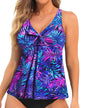 Blue leaf print Yonique flowy tankini swim top in XXL size, stylish and comfortable for women's swimwear.