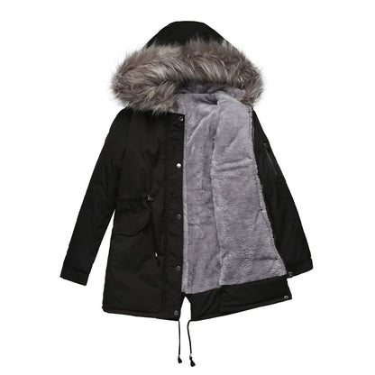 Mid-length cotton-padded hooded parka coat in a clean, structured design