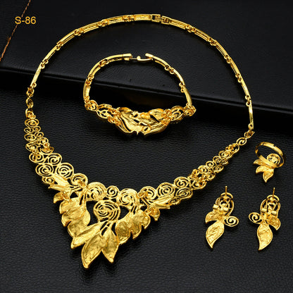 Women's Saudi bridal necklace, bracelet, earrings and ring four-piece jewelry set