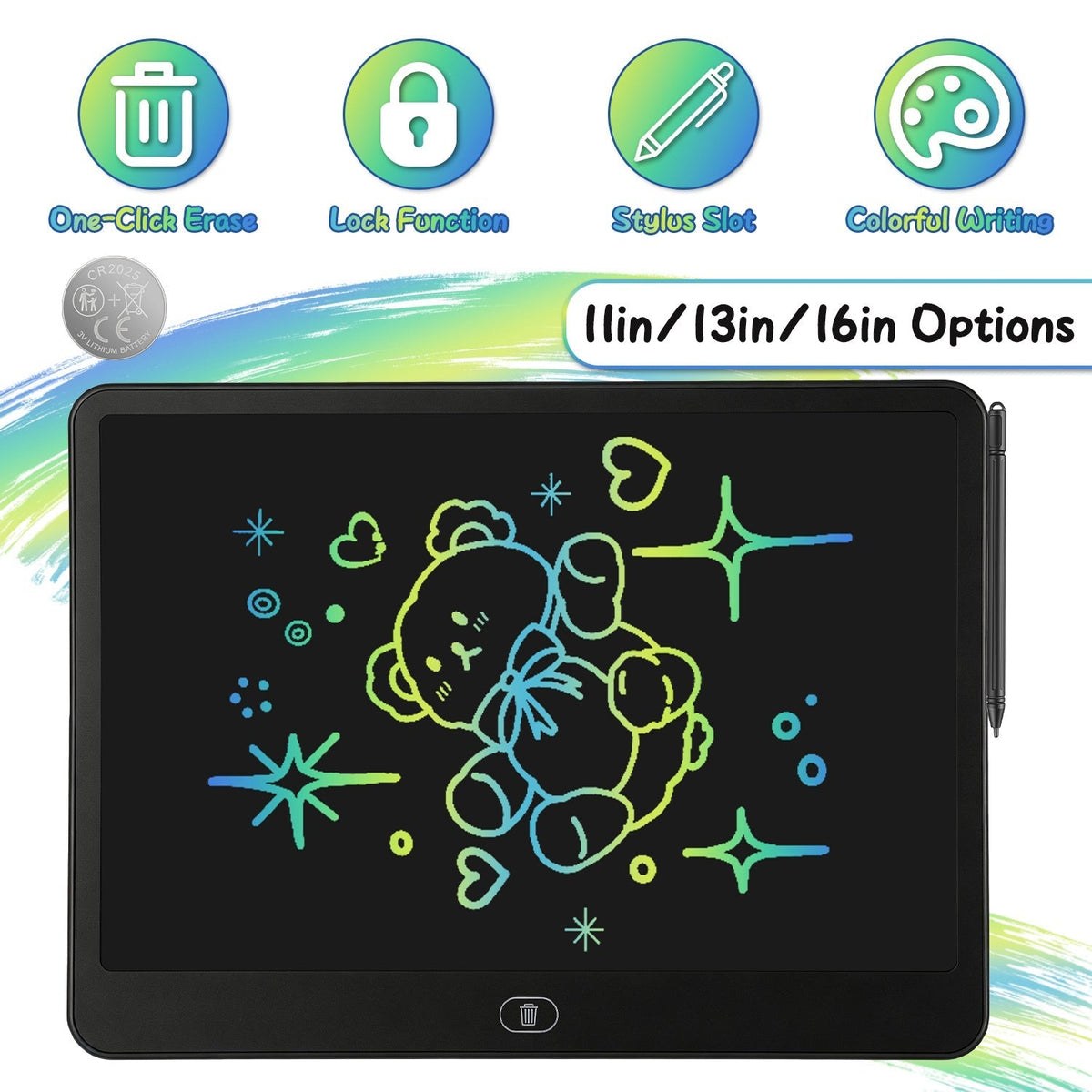 GBruno Store LCD writing tablet for kids with stylus and lock function, showing colorful sketches and writing on the screen