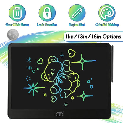 GBruno Store LCD writing tablet for kids with stylus and lock function, showing colorful sketches and writing on the screen