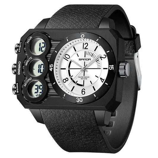 Men's outdoor sports waterproof watch with rugged design, large dial, and dual display