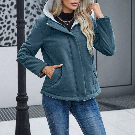 Women's fleece-lined hooded loose-fit cotton coat, plus size, front view