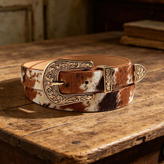 Women's retro leopard print imitation horsehair western buckle belt with carved details, Y2K fashion accessory