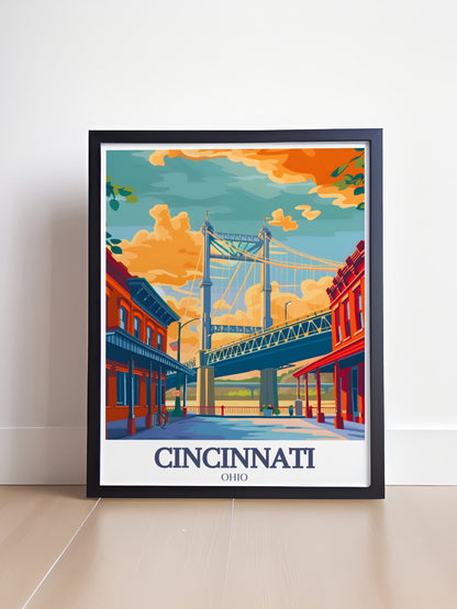 Cincinnati Travel Poster - Roebling Suspension Bridge Print - Roebling Point Wall Art - Cincinnati Poster Print - Ohio Artwork