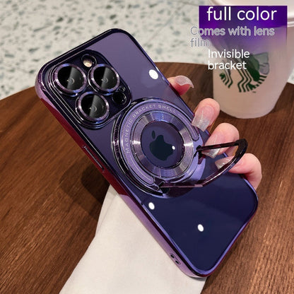 iPhone 15 transparent soft phone case with magnetic suction pull rod, electroplated finish, and invisible bracket