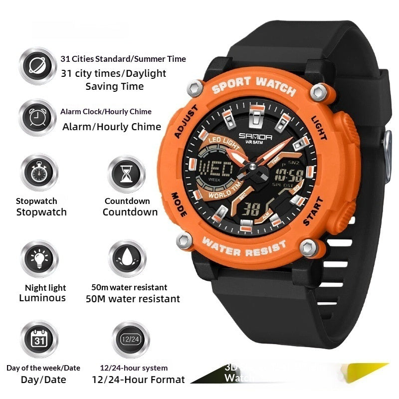 Dual-display luminous chronograph watch for hiking by My Store, showing analog and digital time displays