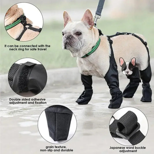 Waterproof adjustable dog boots, soft breathable French dog shoes with paw protection for outdoor walking