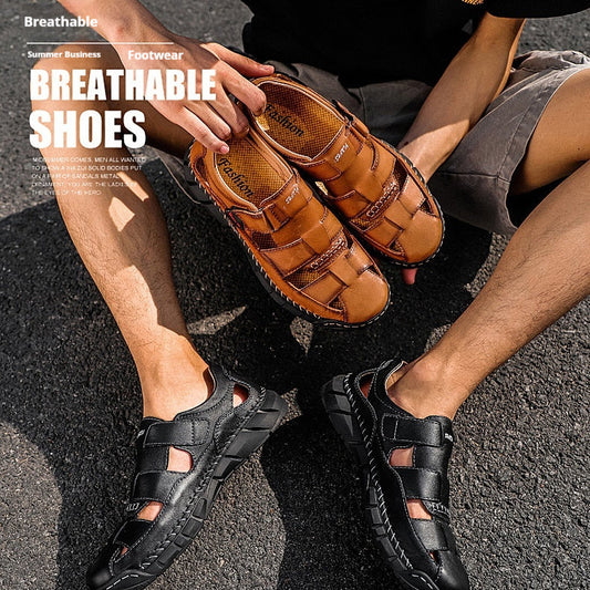 Men's large-size sandals with Velcro straps and stitched detailing, front and side view