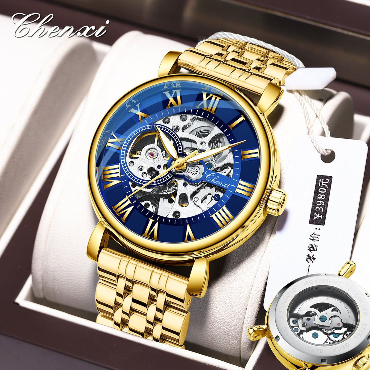 Hollow waterproof luminous automatic mechanical watch with exposed dial and stainless steel case