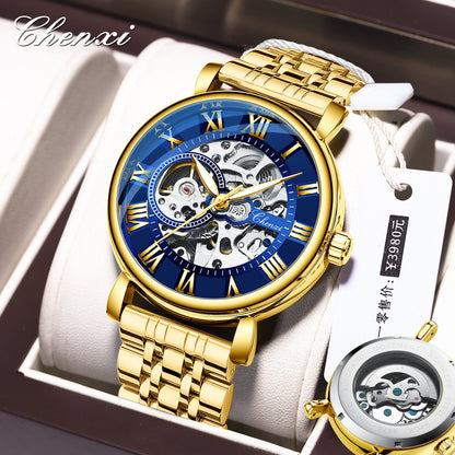 Hollow waterproof luminous automatic mechanical watch with exposed dial and stainless steel case