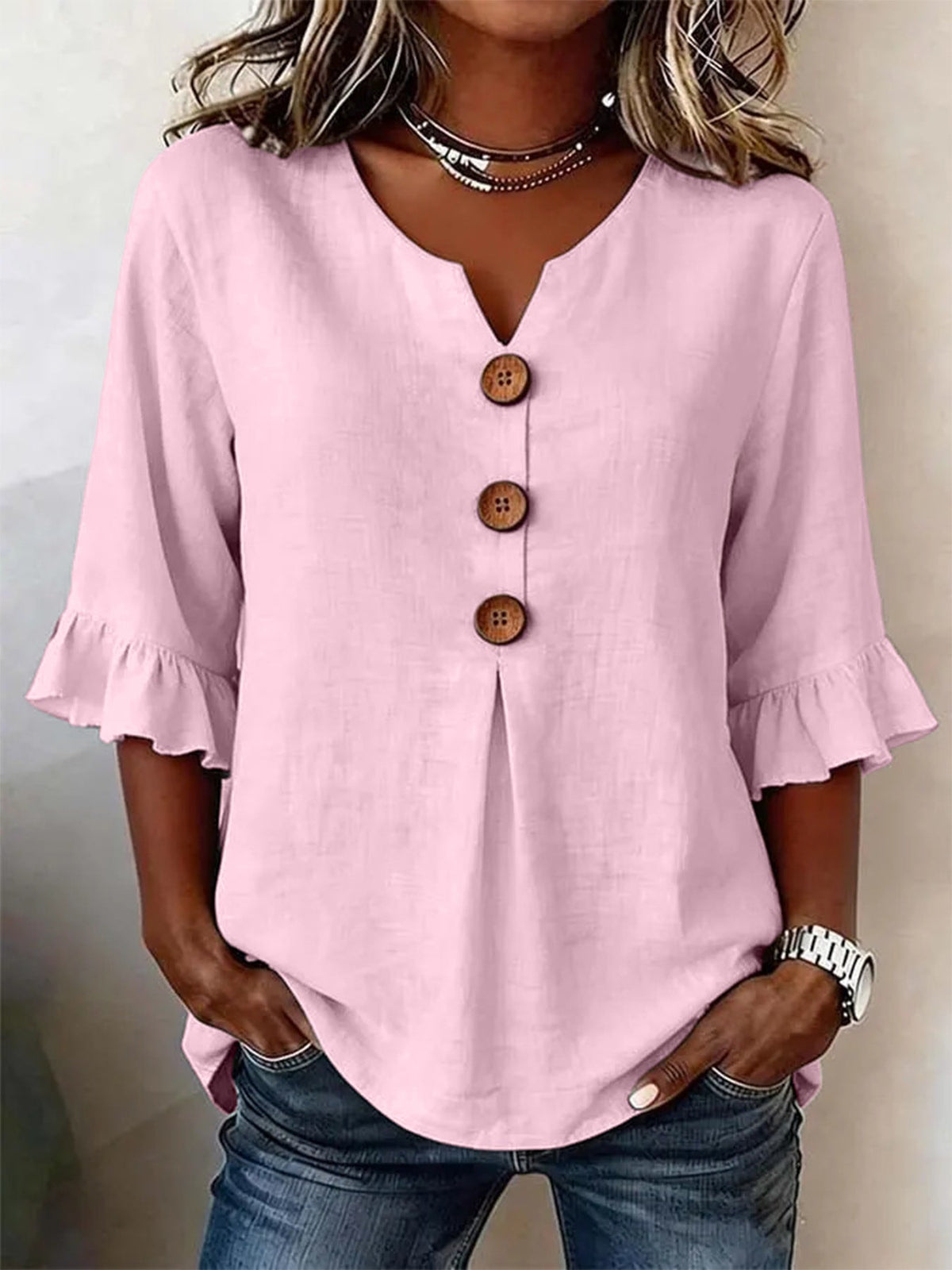 Women's V-neck cotton linen button-up shirt, solid color, short sleeves and button design
