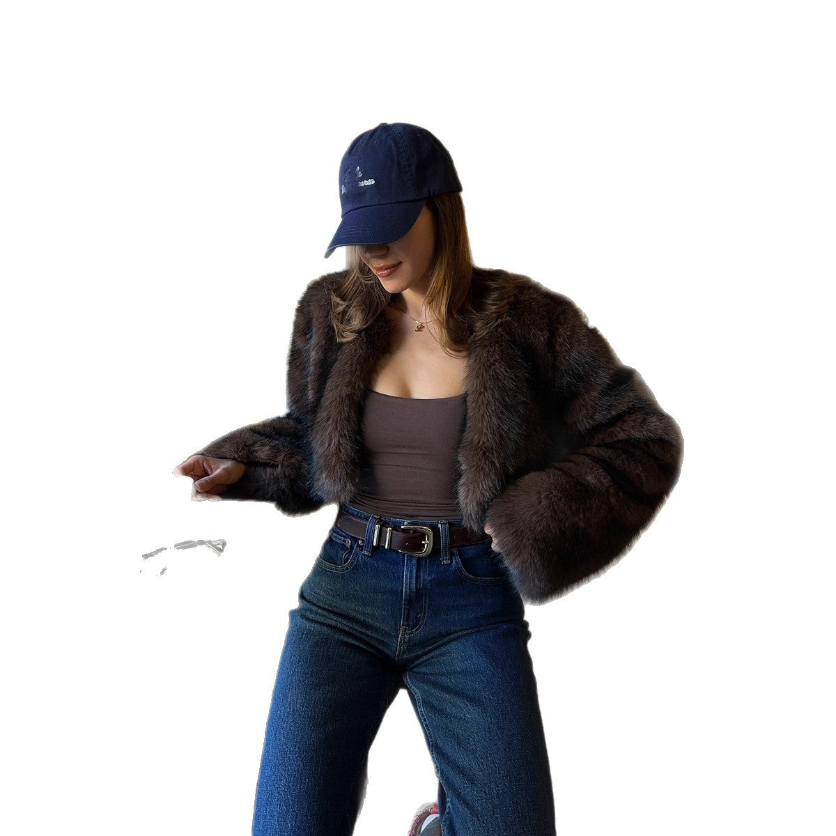Women's fashion winter furry coat in soft textured fabric, front view