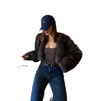Women's fashion winter furry coat in soft textured fabric, front view