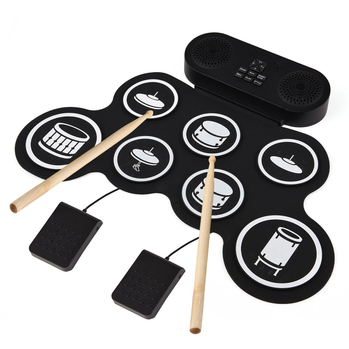 Portable silicone jazz drum set percussion instrument with compact electronic drum pads and sticks