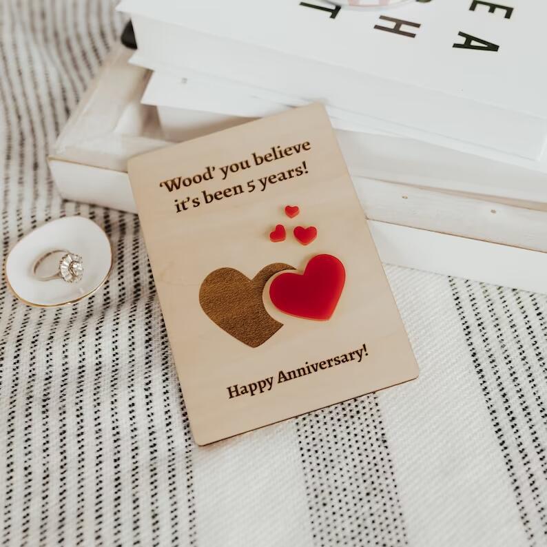 Wooden carving wedding anniversary invitation card with decorative engraved design, Type 7