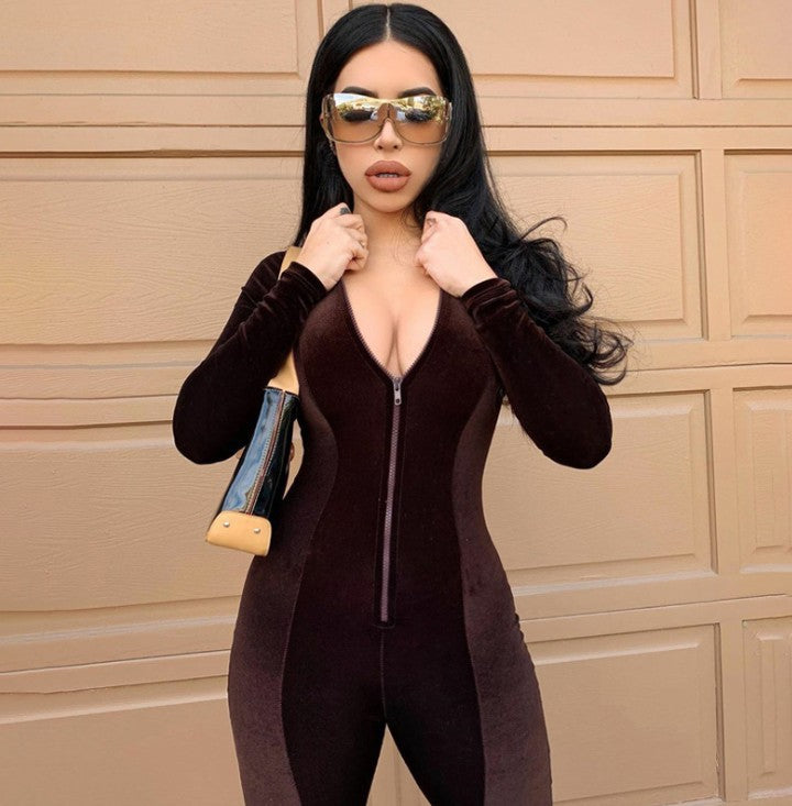 Women's long sleeve velvet skinny jumpsuit with front zipper and solid color one-piece pants