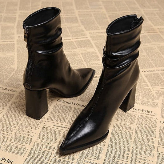 Pointed-toe velvet-lined warm high-heeled boots for women in a sleek design