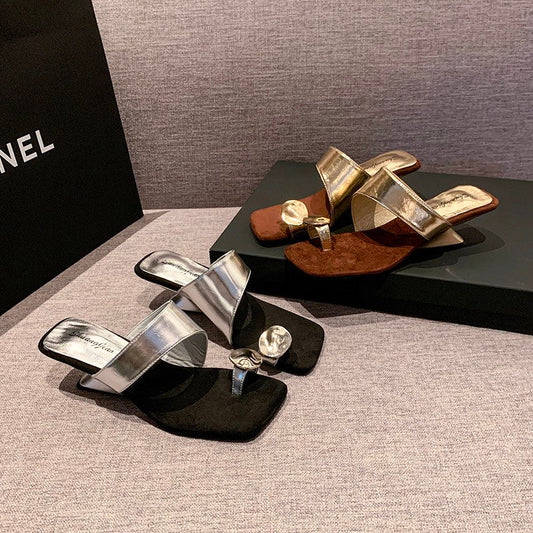 Women French Wedge Toe Loop Slide Sandals, 2026 New Summer Niche Square Toe Slip On Mules For Matching Dresses