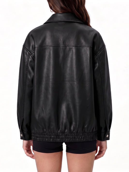 Women's PU leather short slim-fit biker jacket with vertical collar, thin spring and autumn style