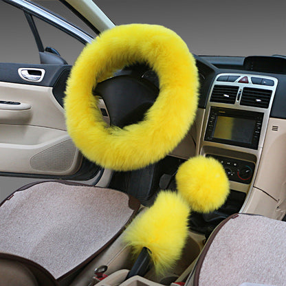 Long wool steering wheel cover with a soft, textured handle design
