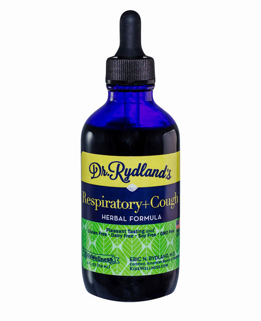 KidsWellness Dr. Rydland's Respiratory Relief herbal cough and cold supplement in a 4oz bottle, natural remedy for kids' respiratory health.