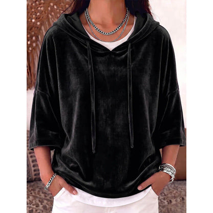 Solid-color three-quarter-sleeve velvet hoodie with drawstring
