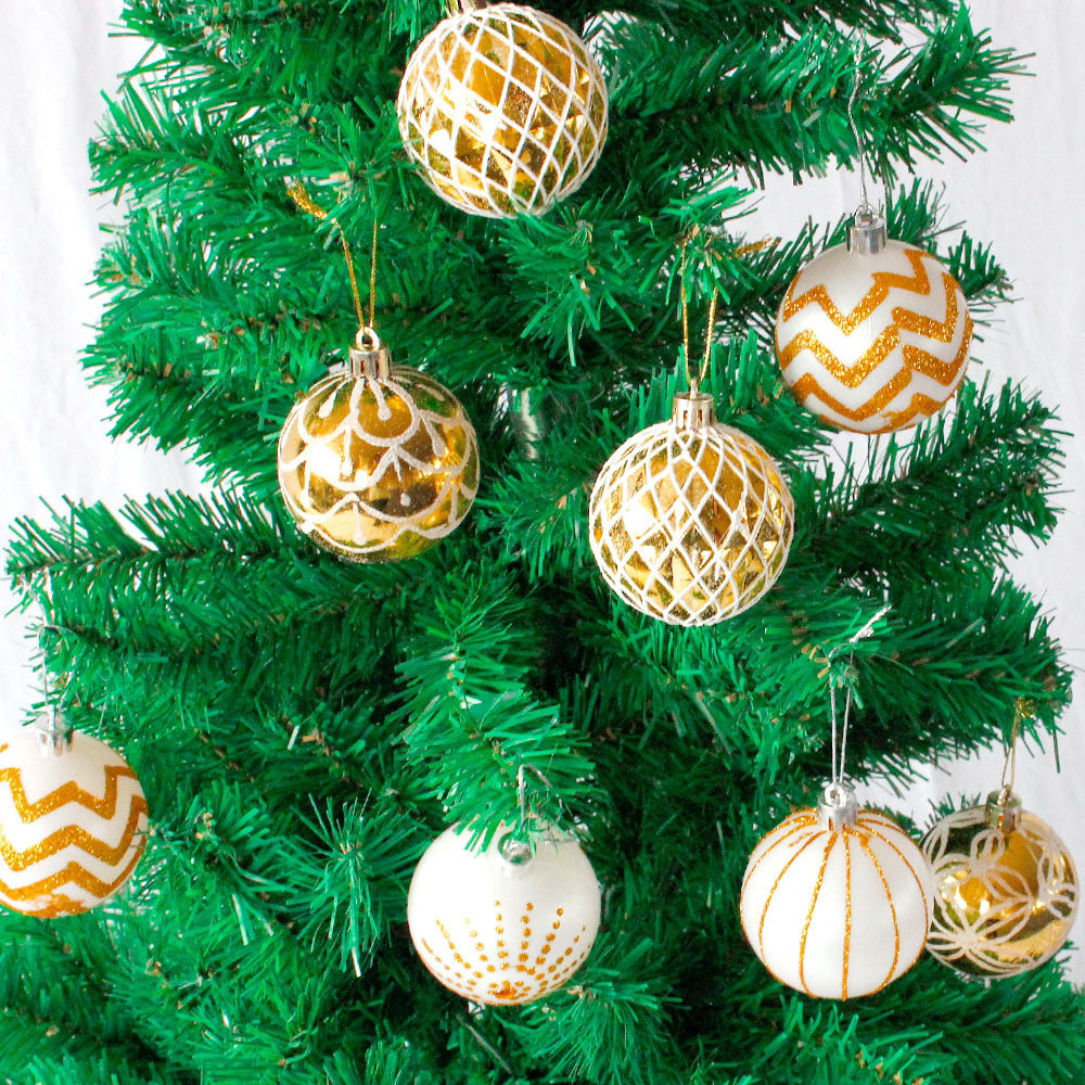 Christmas tree decoration balls in a bucket, assorted festive ornaments