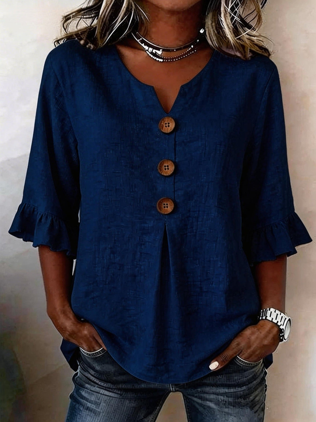 Women's V-neck cotton linen short-sleeve button-up shirt in solid color, front view