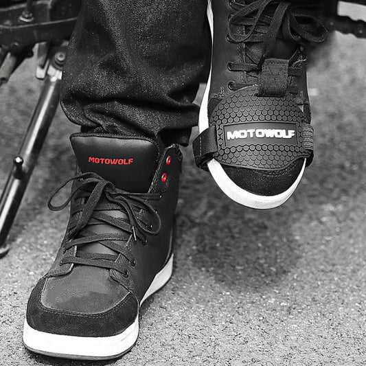 Motorcycle protective shoes gear in black with reinforced ankle and toe protection