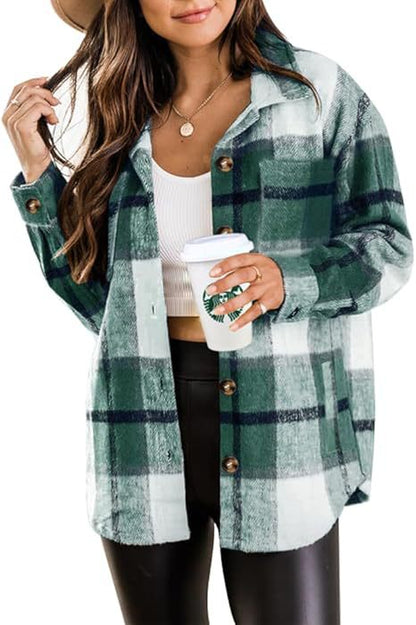 Women's woolen plaid pocket shirt jacket in a casual button-up style