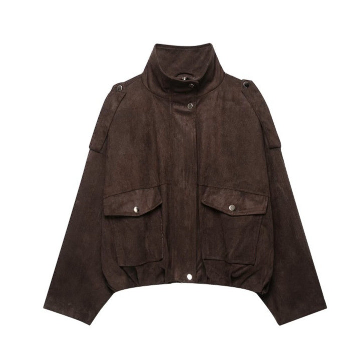 Women's retro suede jacket coat in classic brown with a vintage-inspired design