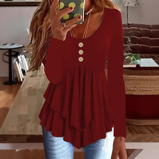 Women's three-button casual long-sleeved top in a relaxed fashion style by My Store