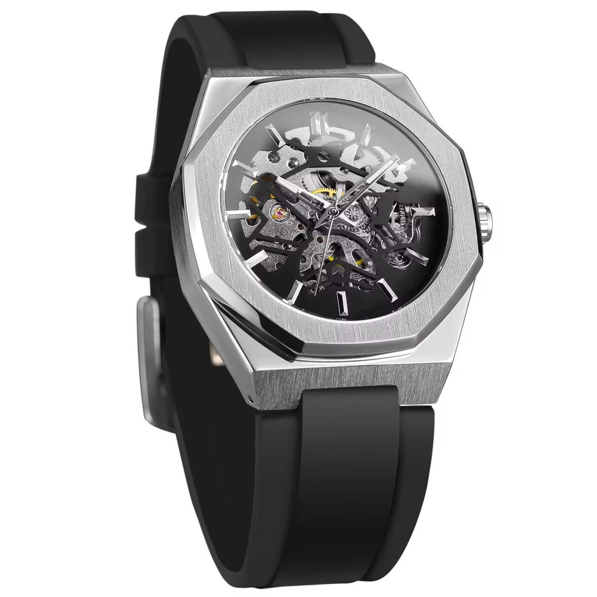 Automatic mechanical watch with black rubber strap, visible dial and hands