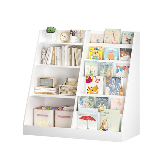 Wooden kids bookshelf with toy storage organizer from GBruno Store, 34.65 inches tall, featuring colorful books and toys on shelves.