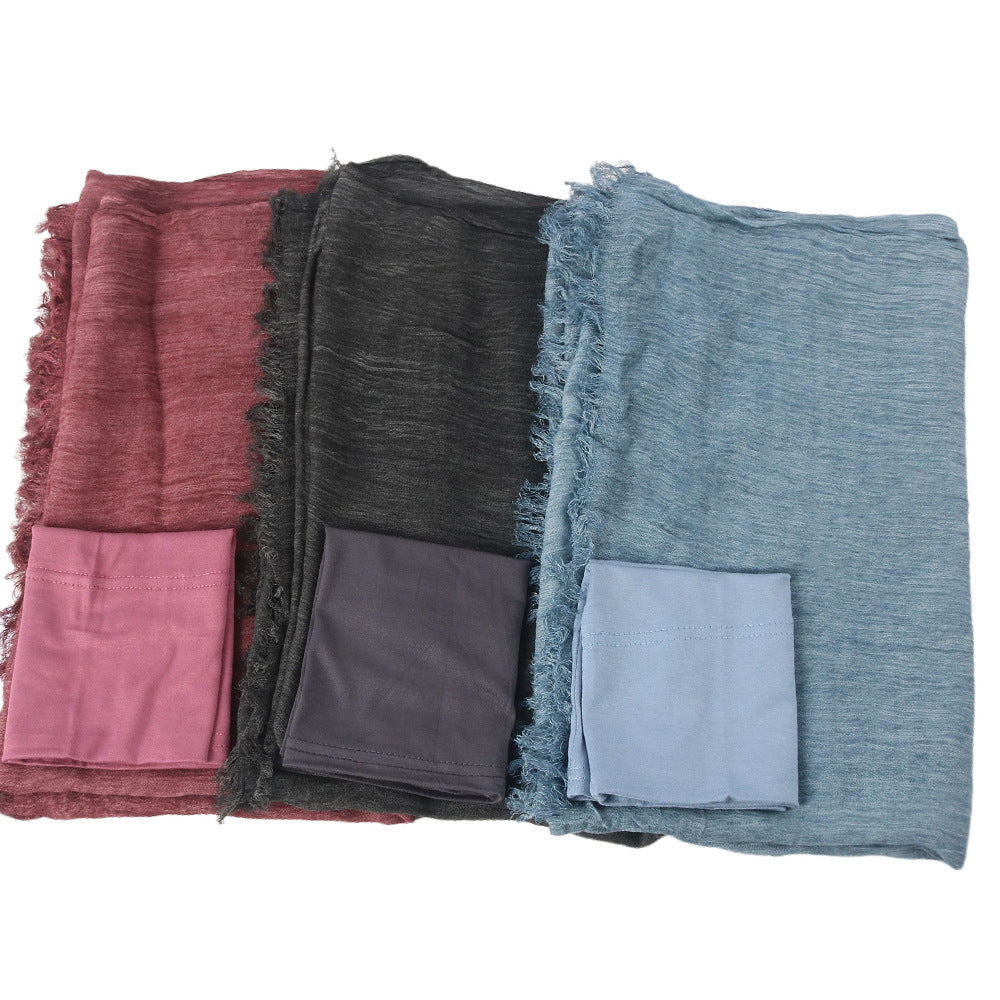 Women's solid-color pleated faux hijab, front view